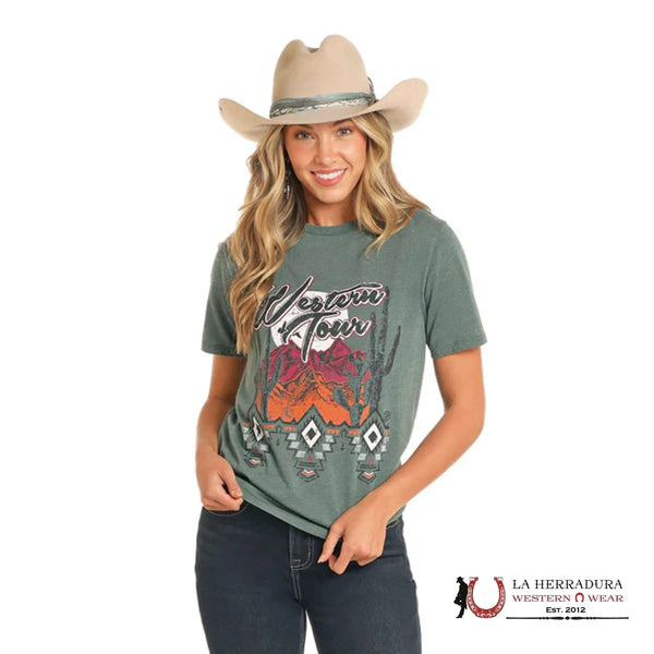 Rock&Roll Denim Ladies Teal Western Tour Graphic T-Shirt BW21T04525
