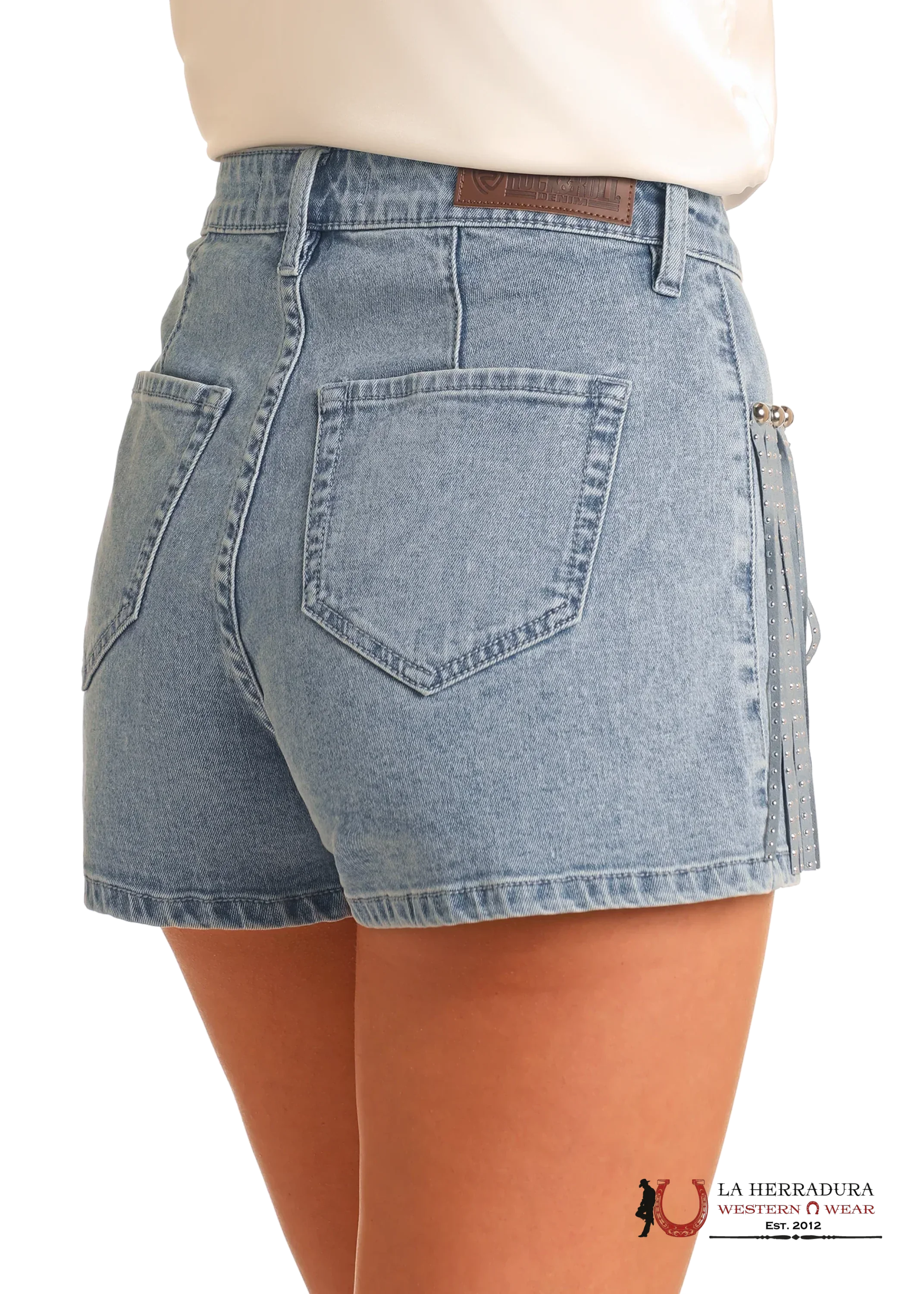 Rock&Roll EXTRA STRETCH STUDDED FRINGE LIGHT WASHED SHORTS - 6093 ROPA MUJERES