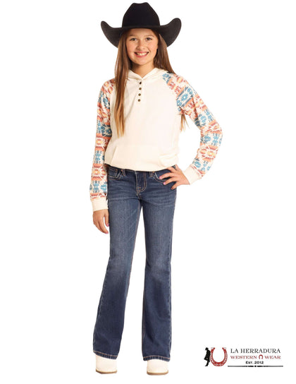 ROCK&ROLL GIRLS RAISED DENIM EMB MID RISE BOOTCUT JEANS DARK WASH BG4MD04917