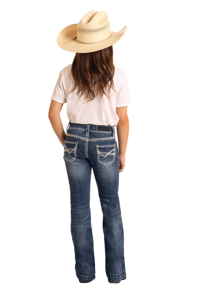 ROCK&ROLL GIRLS TROUSER IVORY EMBROIDERY DARK VINTAGE JEANS  G5F9516