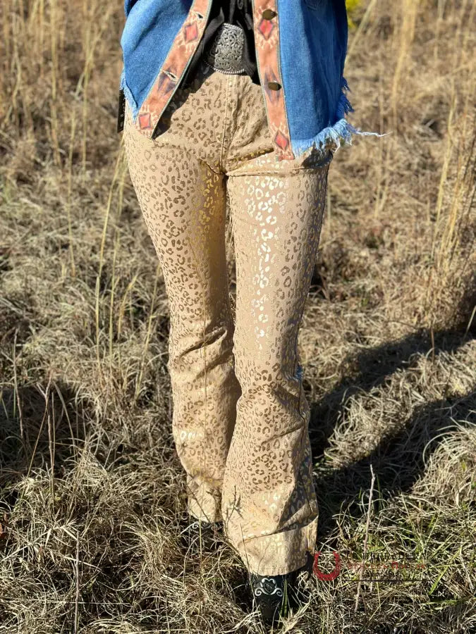 Rock&Roll Gold Cheetah Print Flare Jeans Jeans Women