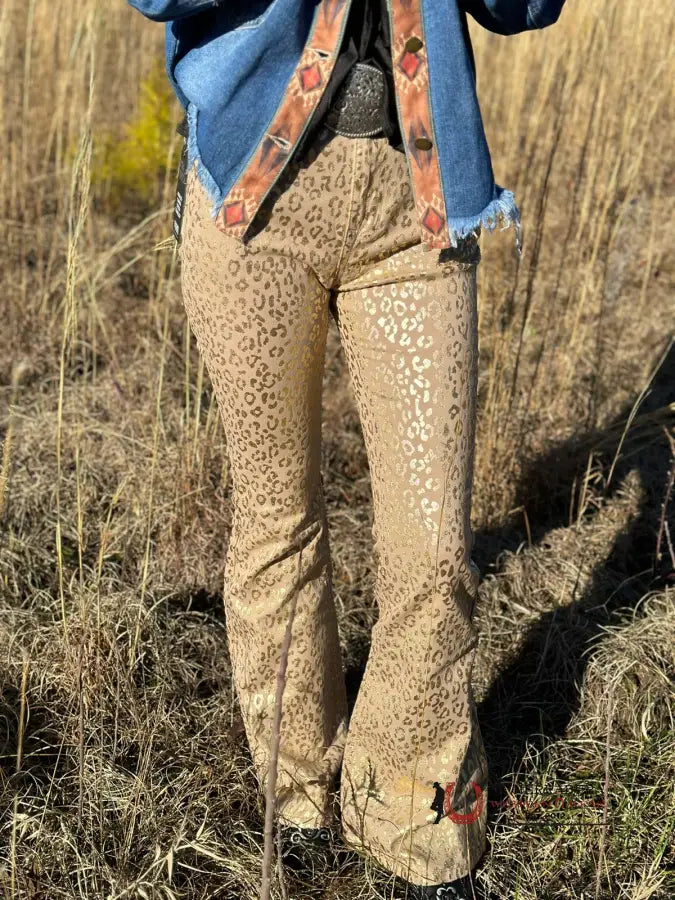 Rock&Roll Gold Cheetah Print Flare Jeans Jeans Women