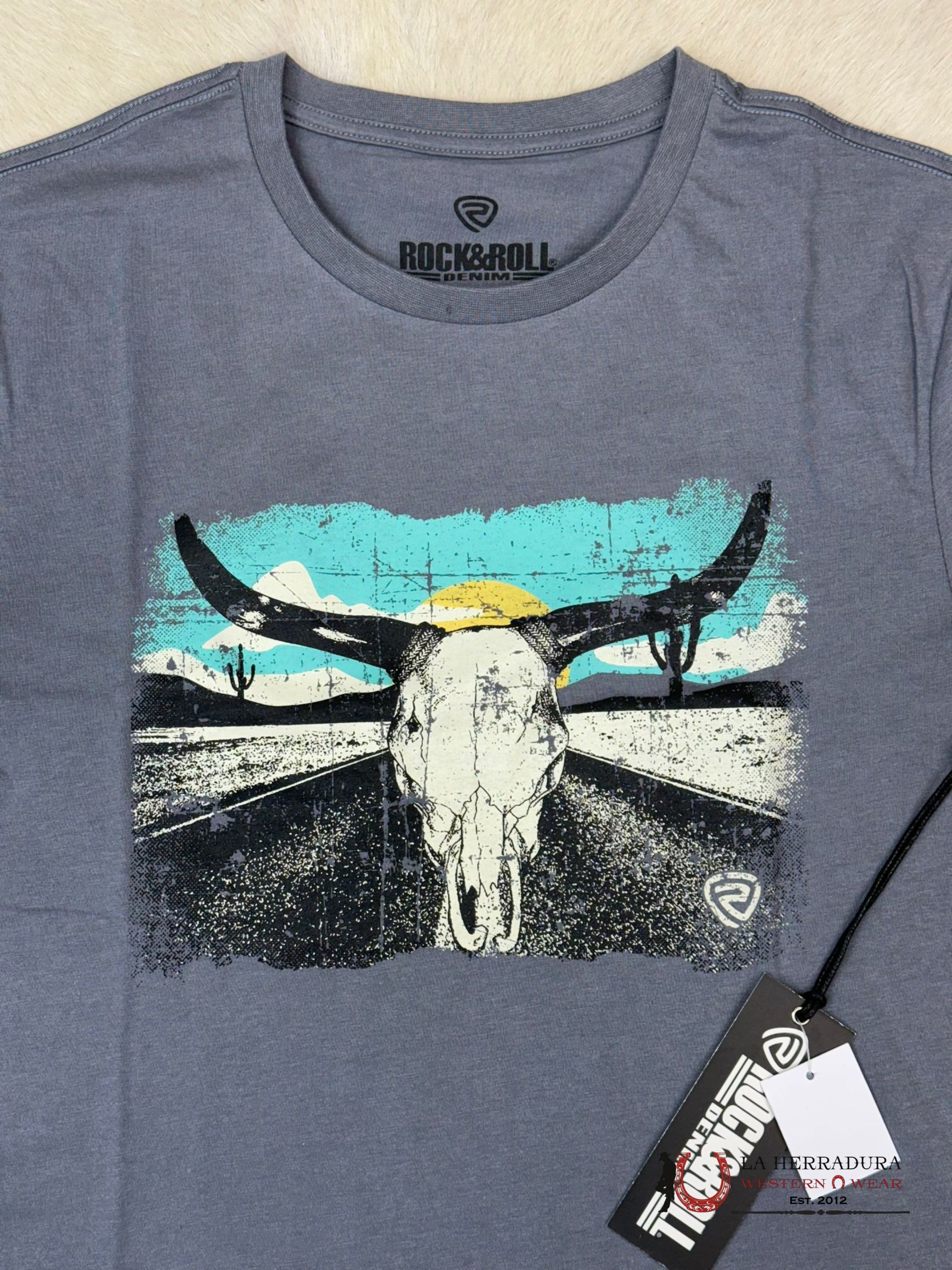 Rock&Roll Graphic Tee Longhorn Grey Short Sleeve T-Shirt Ropa Hombres
