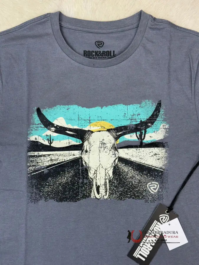 Rock&Roll Graphic Tee Longhorn Grey Short Sleeve T-Shirt Ropa Hombres