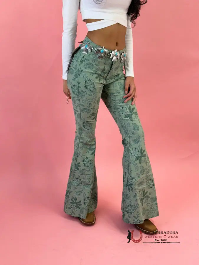 Rock&Roll Jade Green Flower Print Bell Bottom Jeans Women