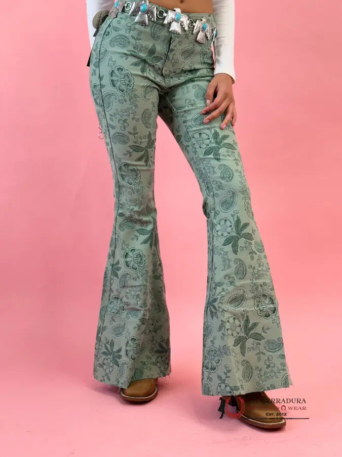 Rock&Roll Jade Green Flower Print Bell Bottom Jeans Women