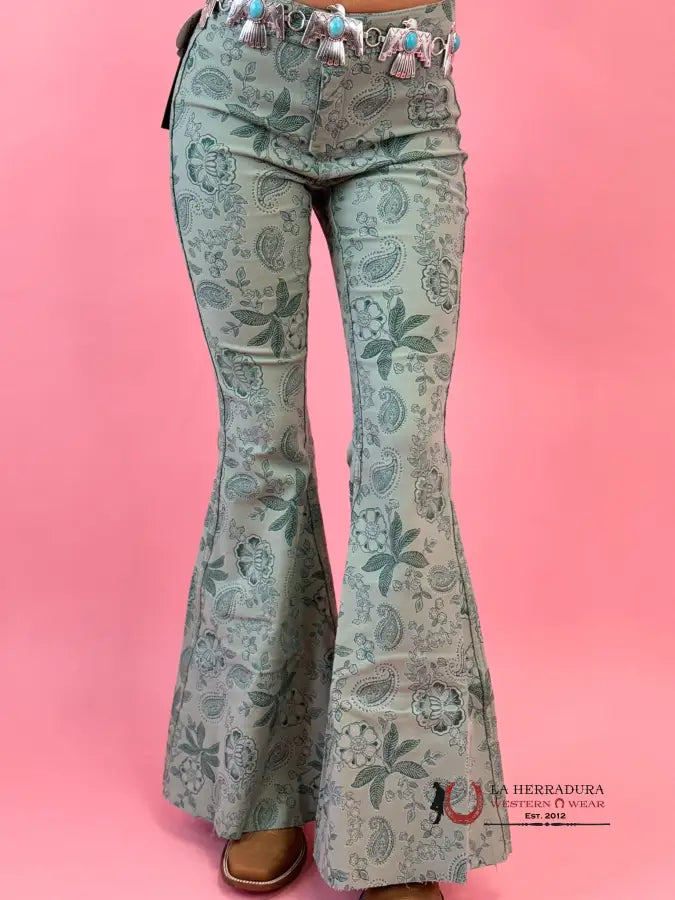 Rock&Roll Jade Green Flower Print Bell Bottom Jeans Women