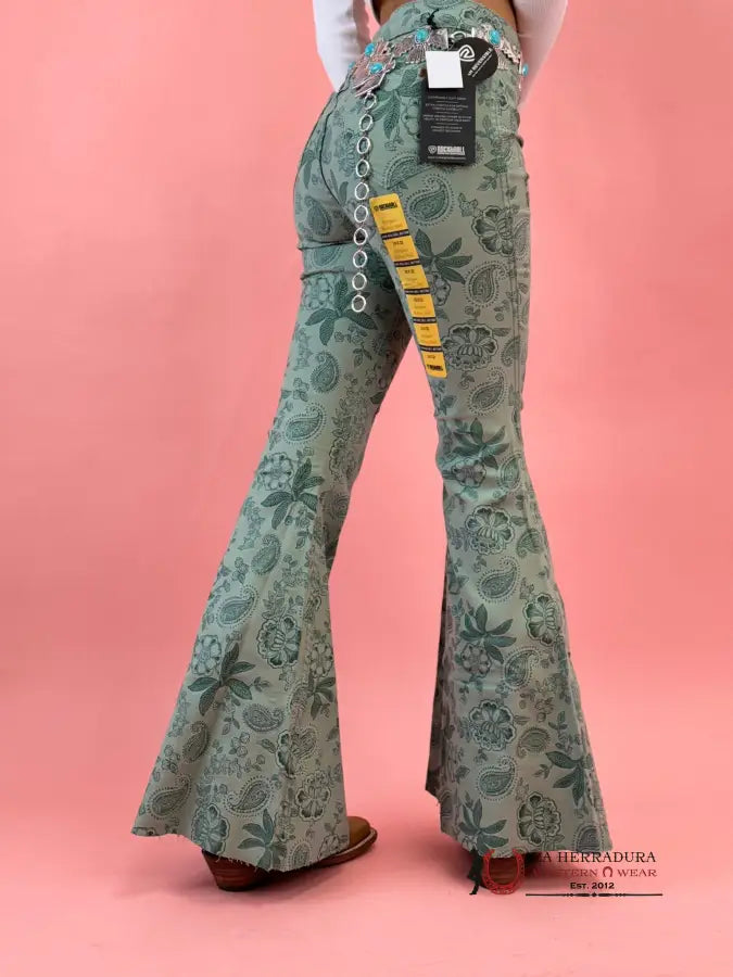 Rock&Roll Jade Green Flower Print Bell Bottom Jeans Women