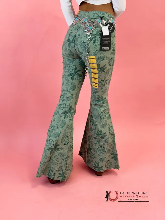 Rock&Roll Jade Green Flower Print Bell Bottom Jeans Women