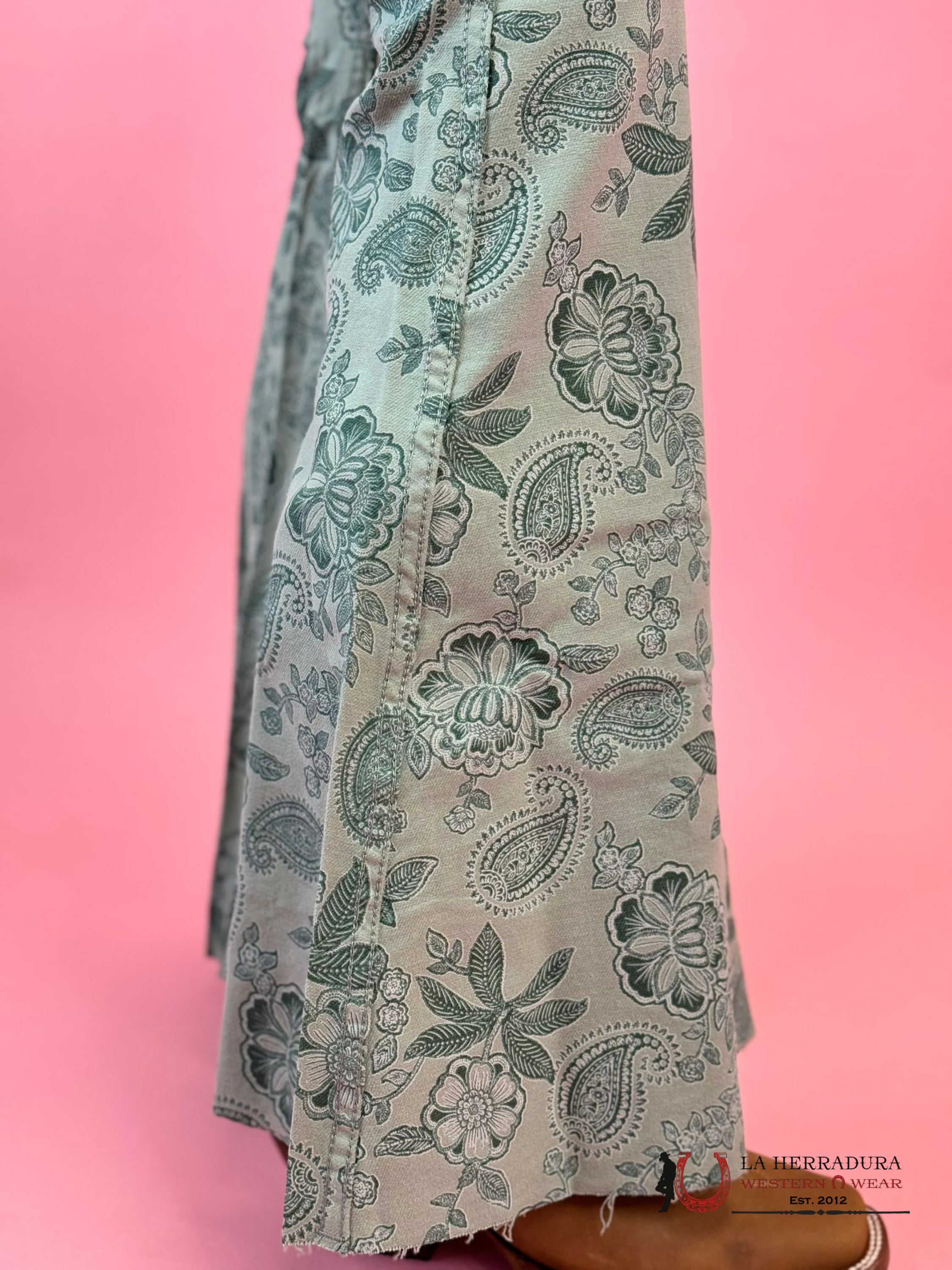 Rock&Roll Jade Green Flower Print Bell Bottom Jeans Women