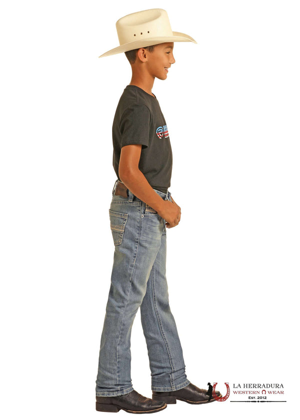 ROCK&ROLL JEANS NIÑO CORTE AJUSTADO LAVADO CLARO PUNTADA CUERDA BORDADO REVÓLVER BB1RD04372