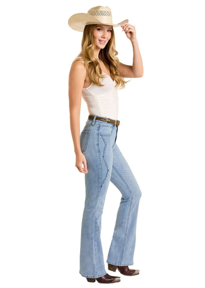 ROCK&ROLL JEANS MUJER TIRO ALTO LAVADO CLARO DETALLE ZIG ZAG BOTA HR BW4HD06389