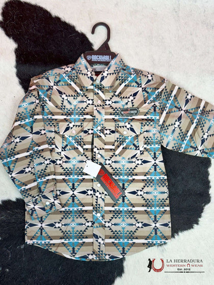 ROCK&ROLL KIDS - CAMISA TURQUESA DE RAYAS AZTECAS CON BOTONES A PRESIÓN Y MANGA LARGA PARA NIÑOS BBN2S02534