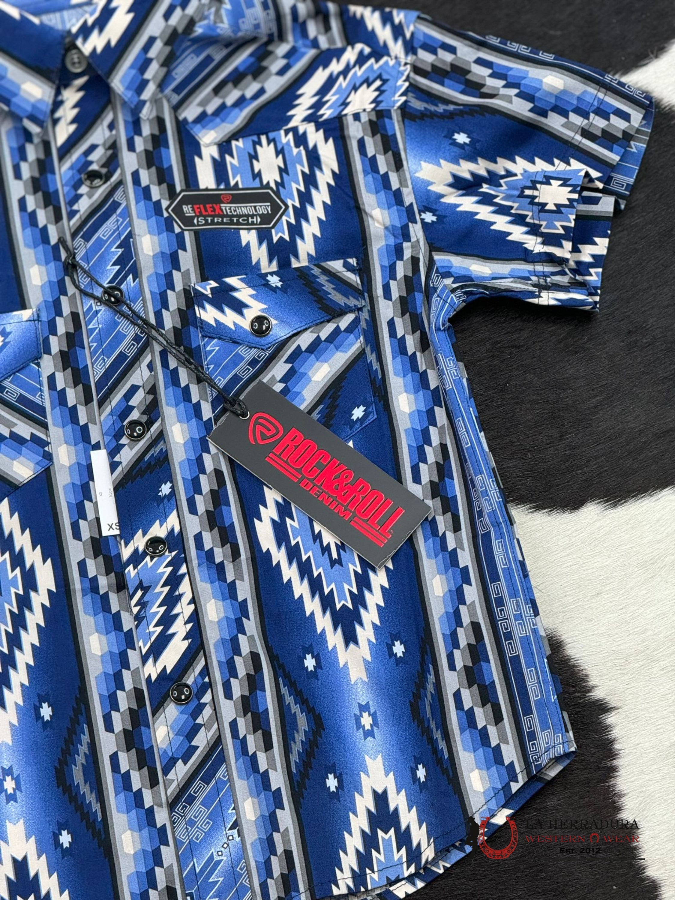 Rock&Roll Boys Blue Aztec Snap Short Sleeve Shirt Niños