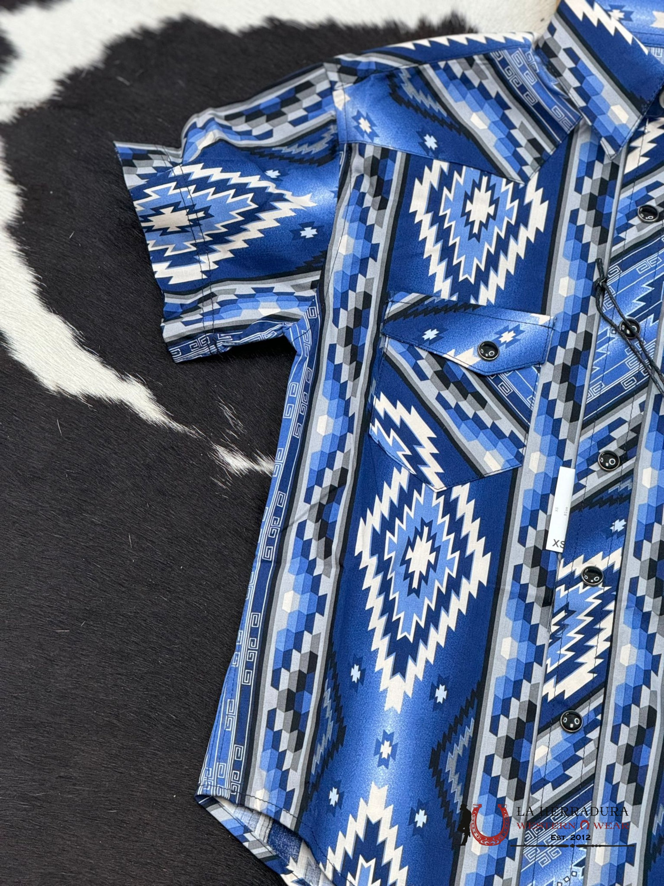 Rock&Roll Boys Blue Aztec Snap Short Sleeve Shirt Niños