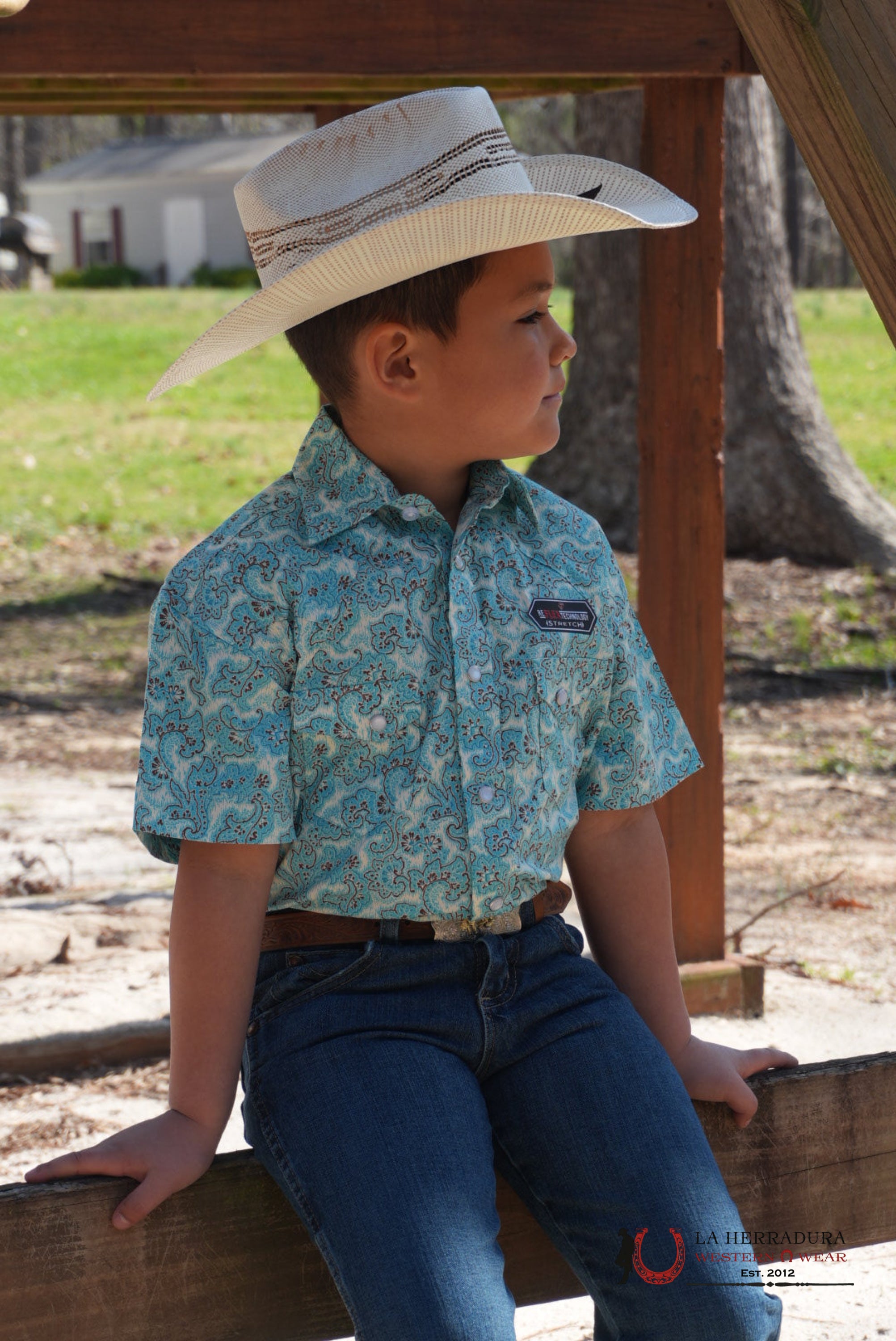 ROCK AND ROLL BRIGHT TURQOISE PAISLEY PRINT KIDS SHORT SLEEVE NIÑOS