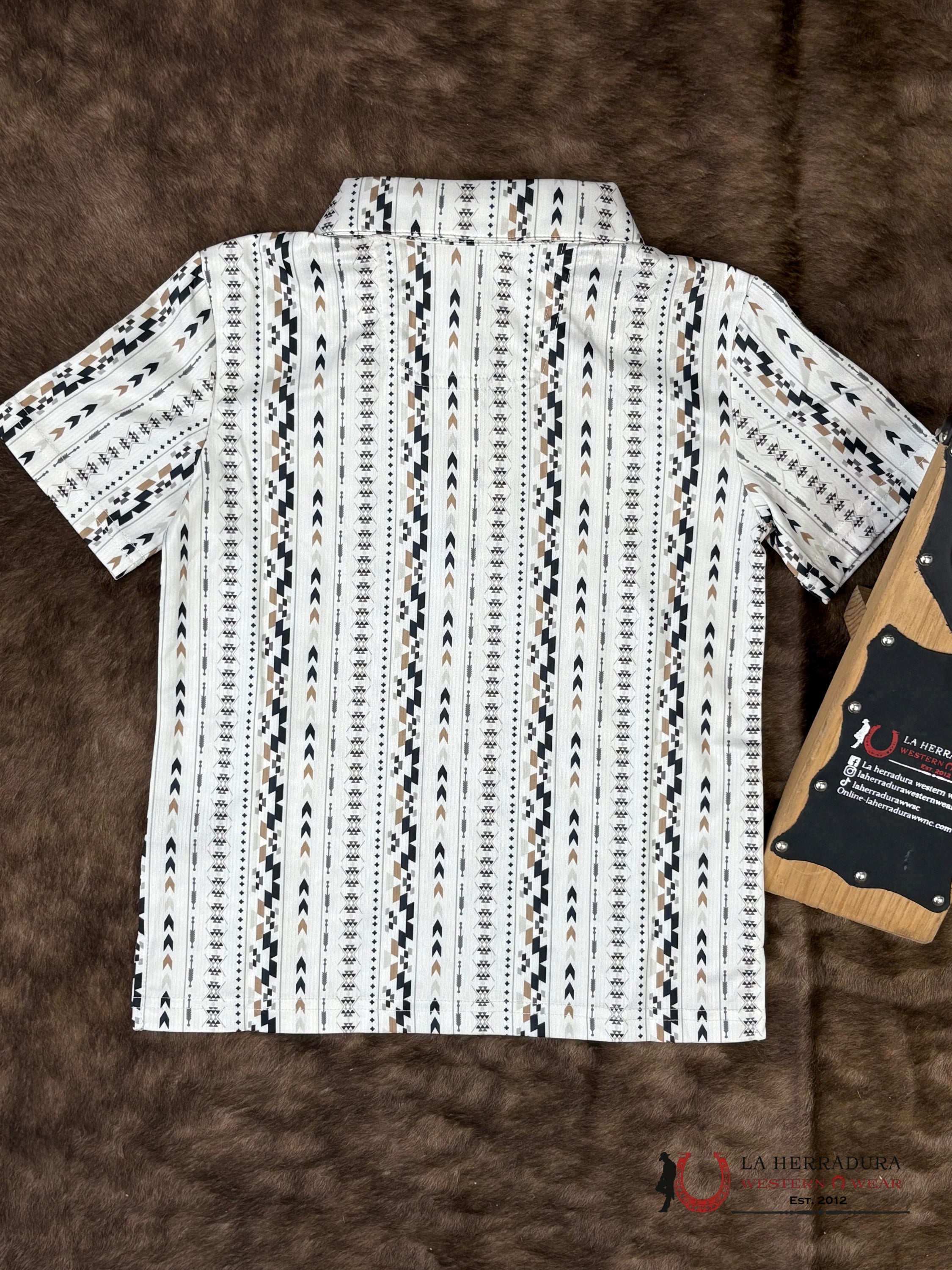 Rock&Roll Natural Begie With Multi Color Aztec Print Short Sleeve Shirt Boys - 6004 NIÑOS