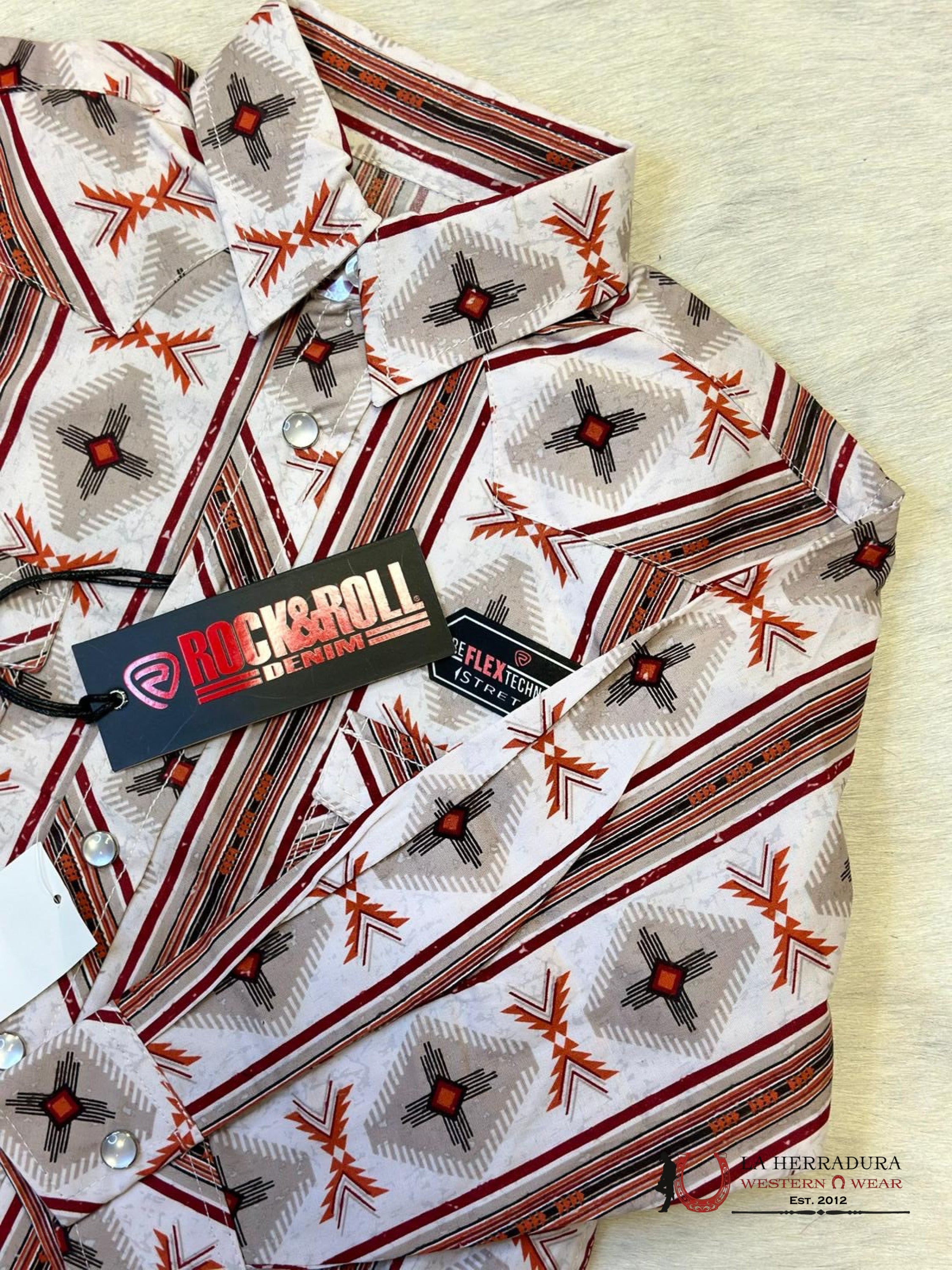 Rock & Roll Boys Aztec Pattern Red/Beige Stripe Shirt Niños