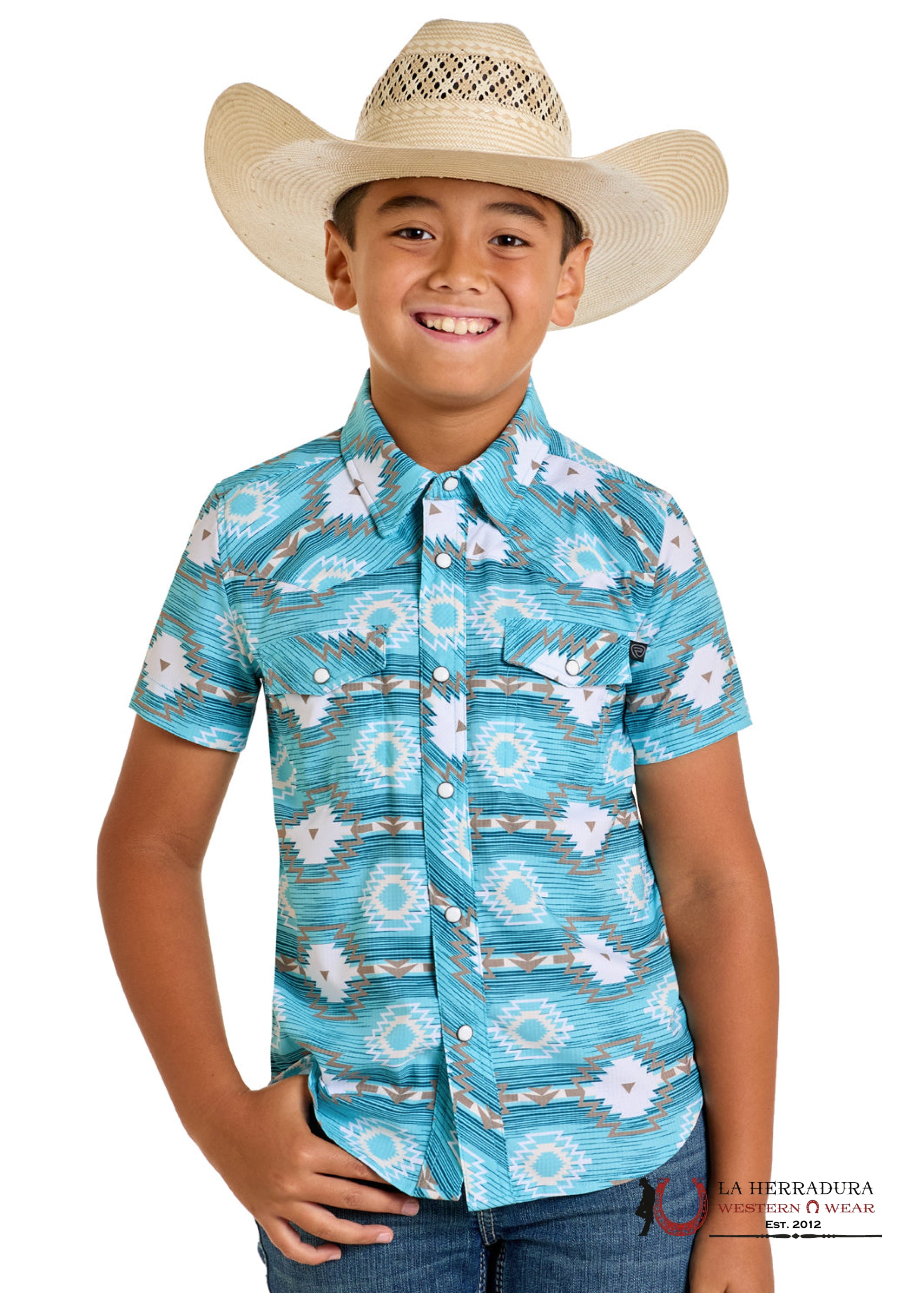 Rock&Roll Turquoise Boys Aztec Print Short Sleeve - 6433 NIÑOS