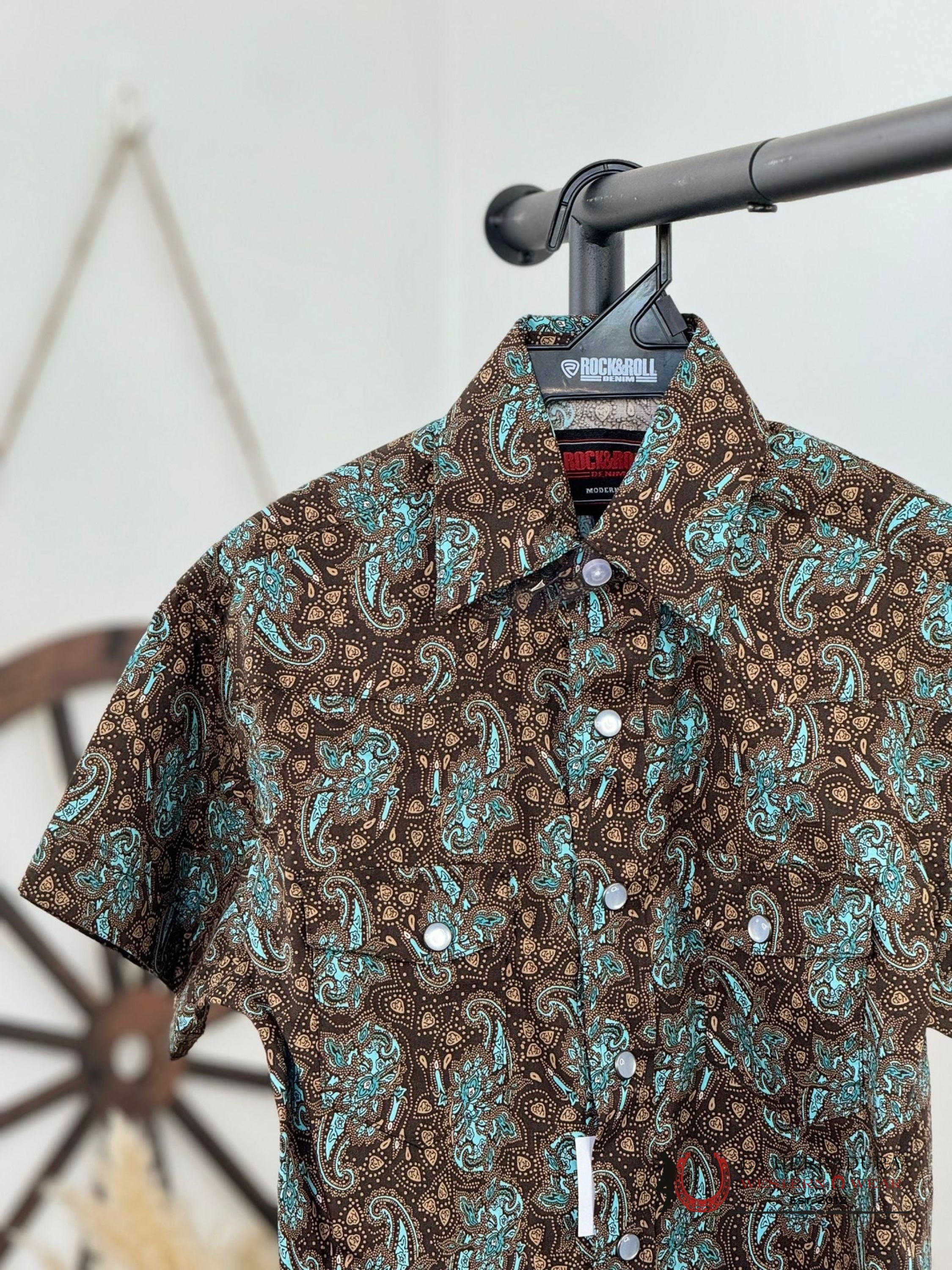 Rock&Roll Boys Turquoise Paisley Snap Short Sleeve Shirt Niños