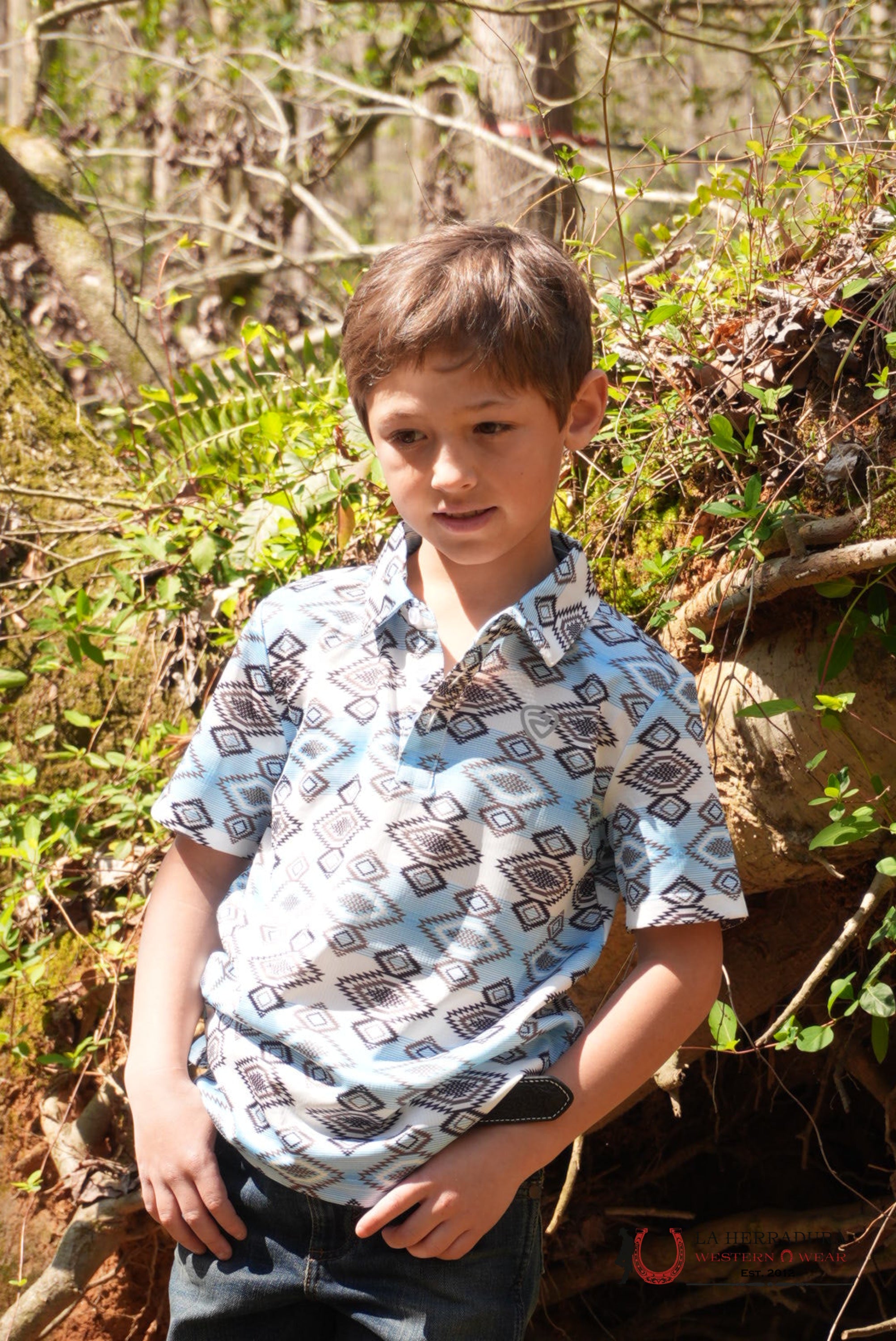 ROCK AND ROLL KIDS AZTEC PRINTED WHITE AND BLUE POLO - 6010 NIÑOS