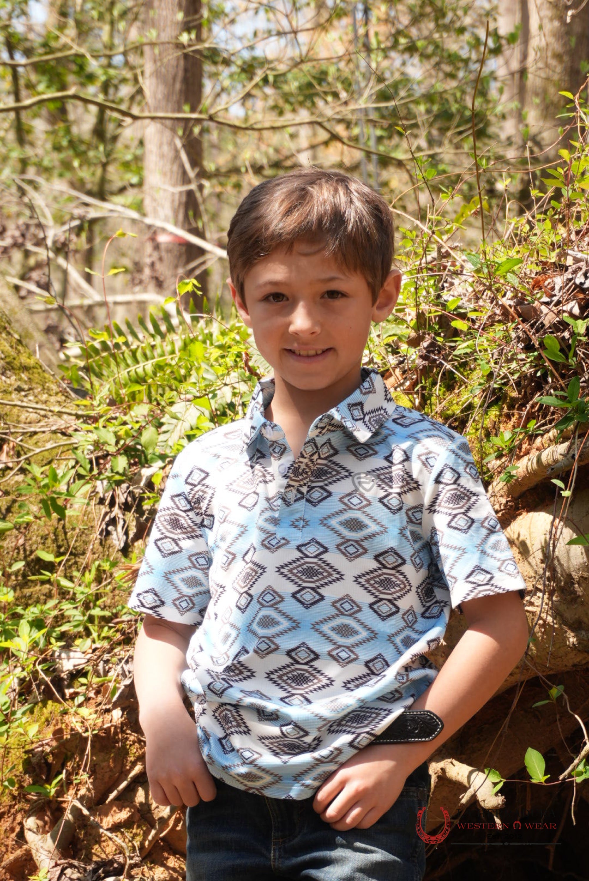 ROCK AND ROLL KIDS AZTEC PRINTED WHITE AND BLUE POLO - 6010 NIÑOS