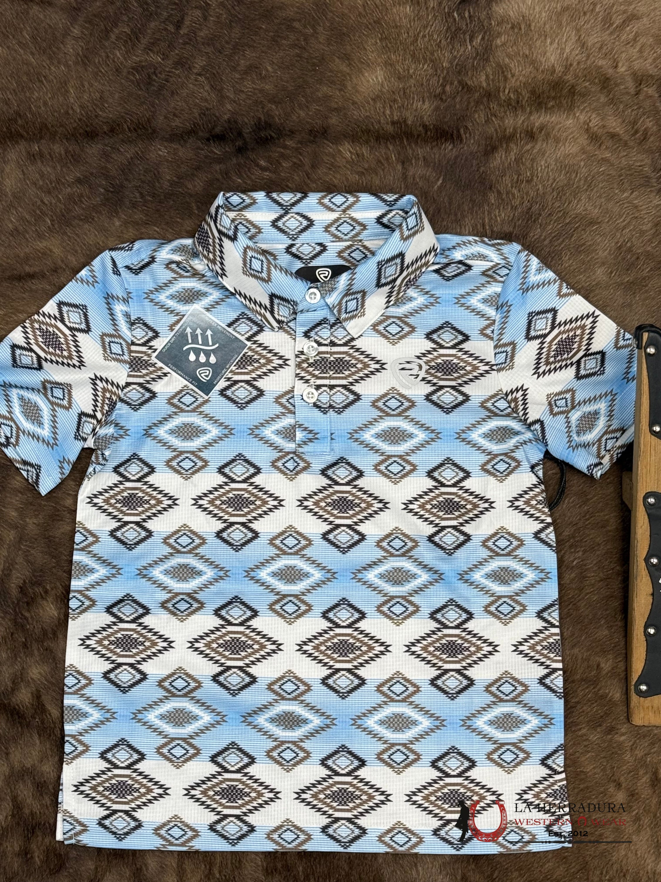 ROCK AND ROLL KIDS AZTEC PRINTED WHITE AND BLUE POLO - 6010 NIÑOS