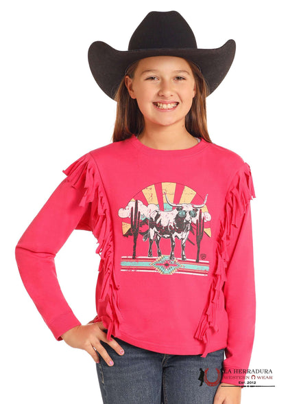 ROCK&ROLL KIDS- GIRLS HOT PINK GRAPHIC PULLOVER W/ FRINGE BG91T04988