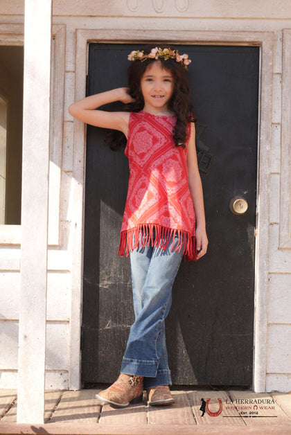 NIÑOS ROCK&ROLL -NIÑAS PAÑUELO ROJO ESTAMPADO COLOR CAMEL CON FLECOS BG20T05906