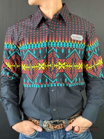 ROCK&ROLL LONG SLEEVE BLACK STRIPE BORDER WOVEN SNAP BMN2S02165