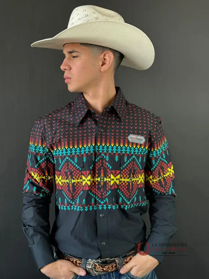 Rock&Roll Long Sleeve Black Stripe Border Woven Snap Ropa Hombres