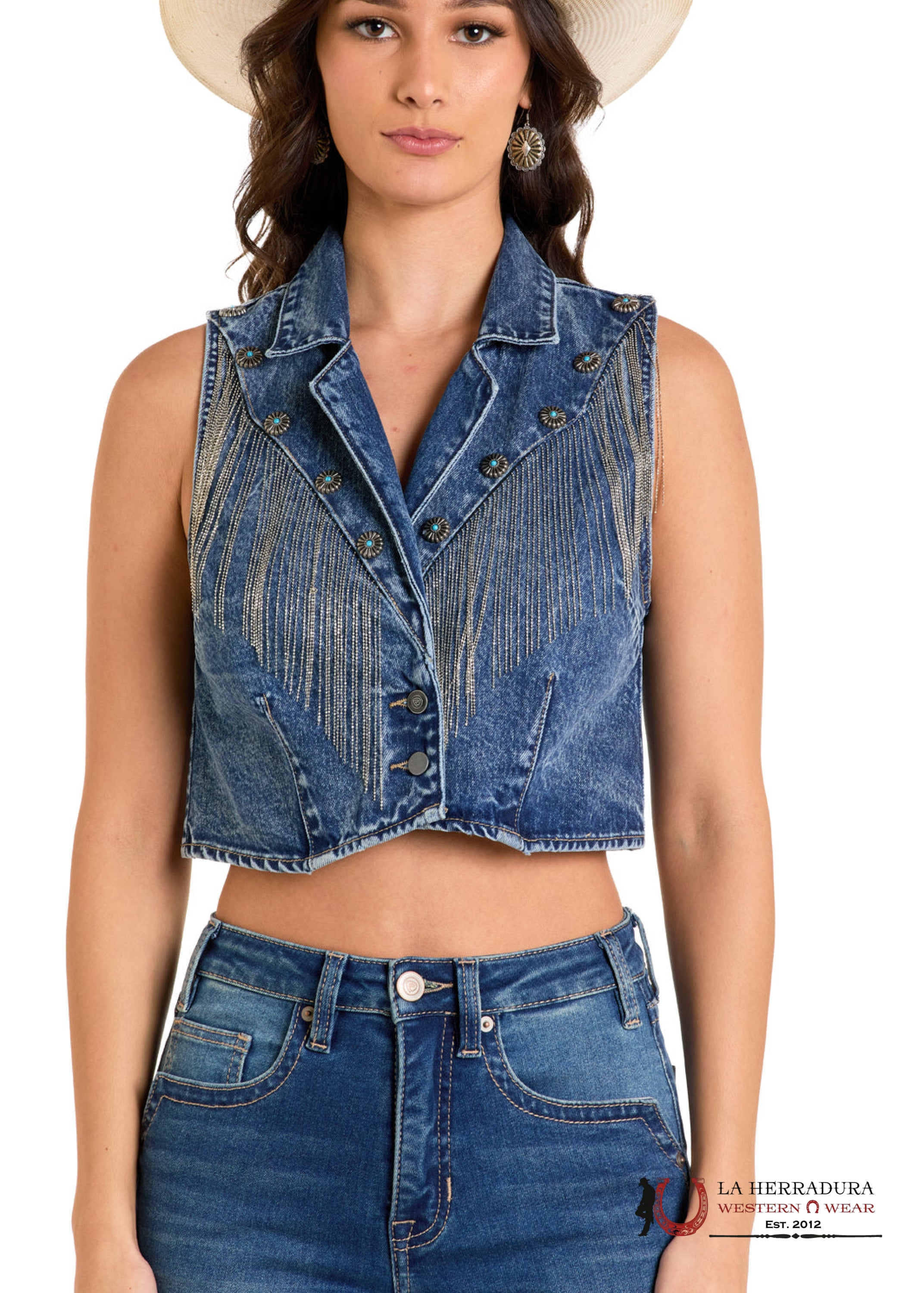 ROCK & ROLL MEDIUM WASH DENIM FRINGE VEST- BW98D06414 ROPA MUJERES