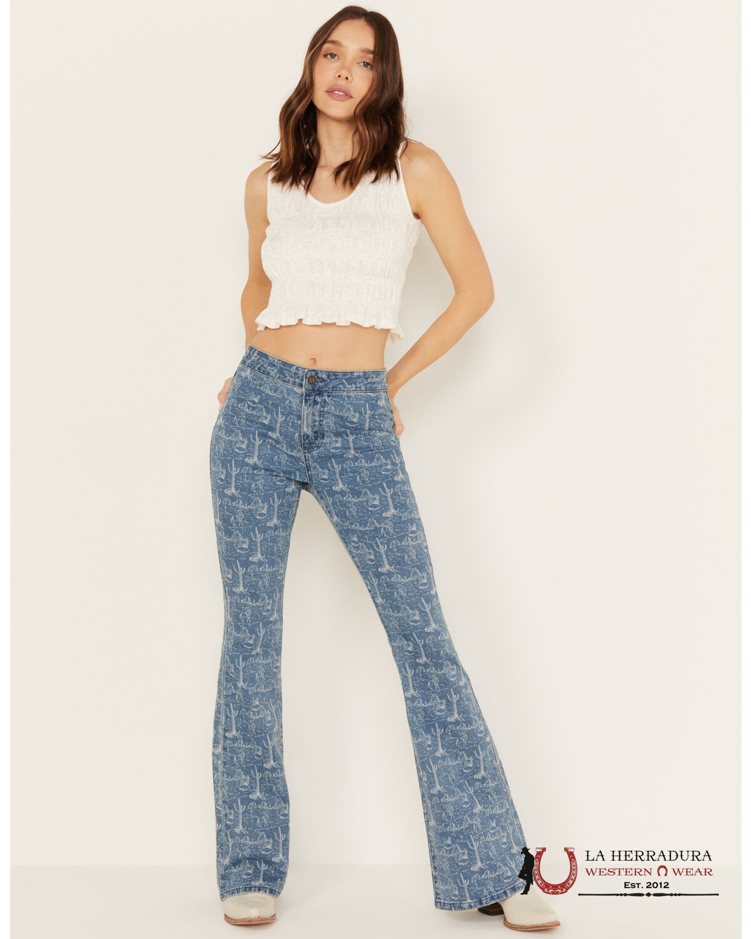 ROCK&ROLL MEDIUM WASH DESERT PRINT BUTTON FLARE- RRWD6PR17C ROCK&ROLL JEANS WOMEN