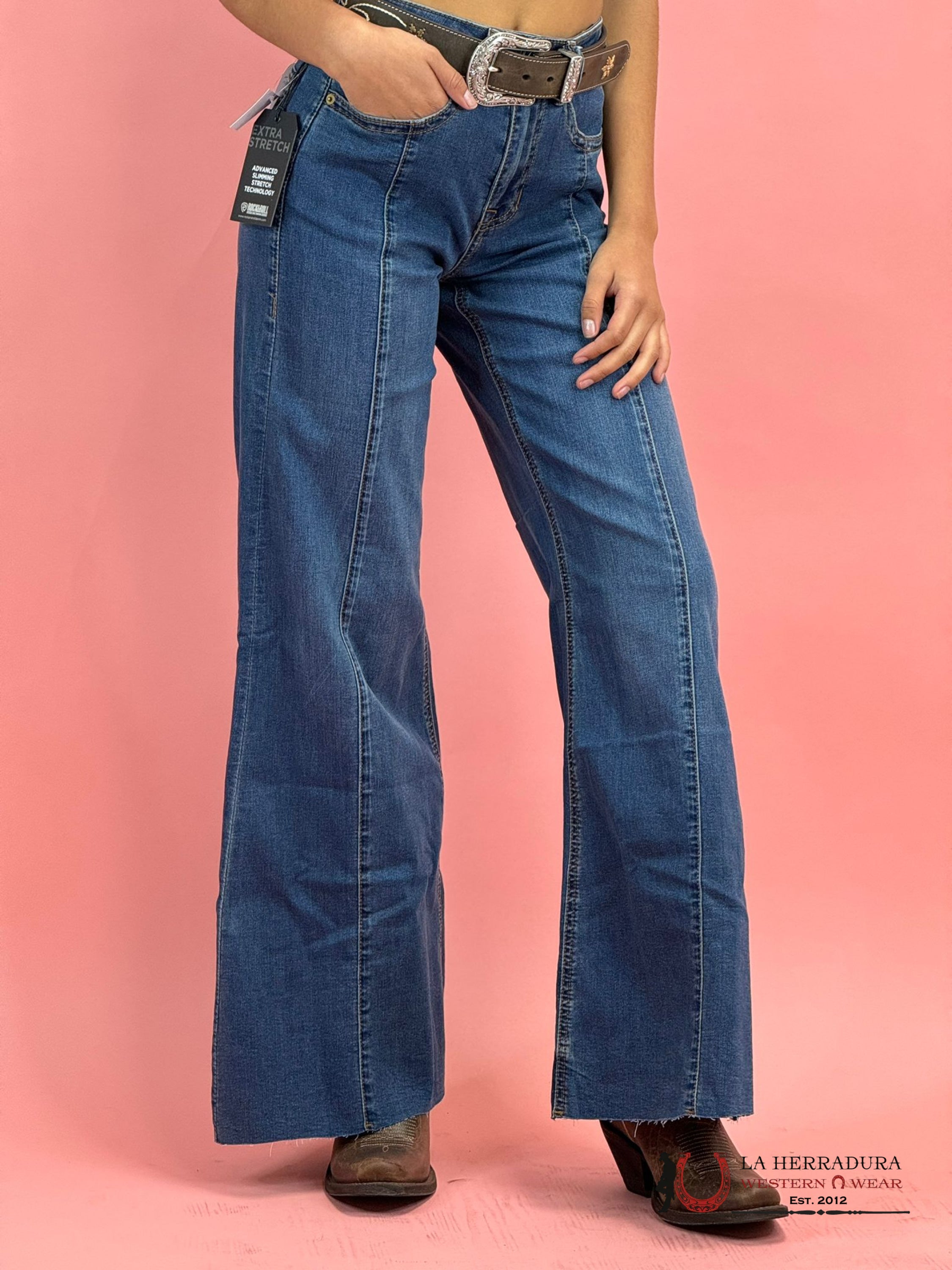 Rock&Roll Medium Wash Front Seam Palazzo Flare Jeans Women