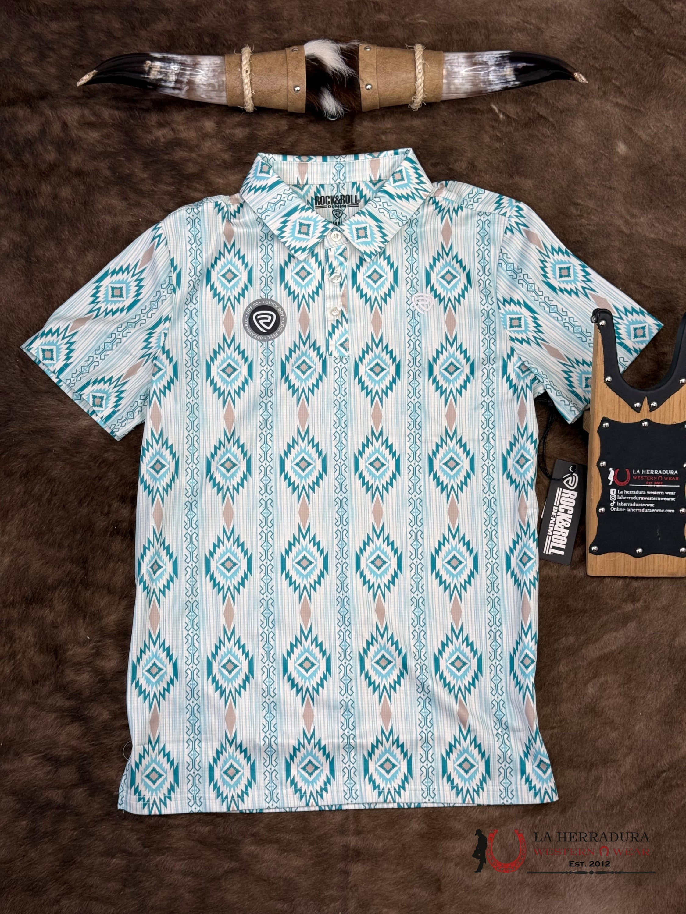 ROCK&ROLL Caribbean With Blue Aztec Print Short Sleeve Shirt - 6622 ROPA HOMBRES