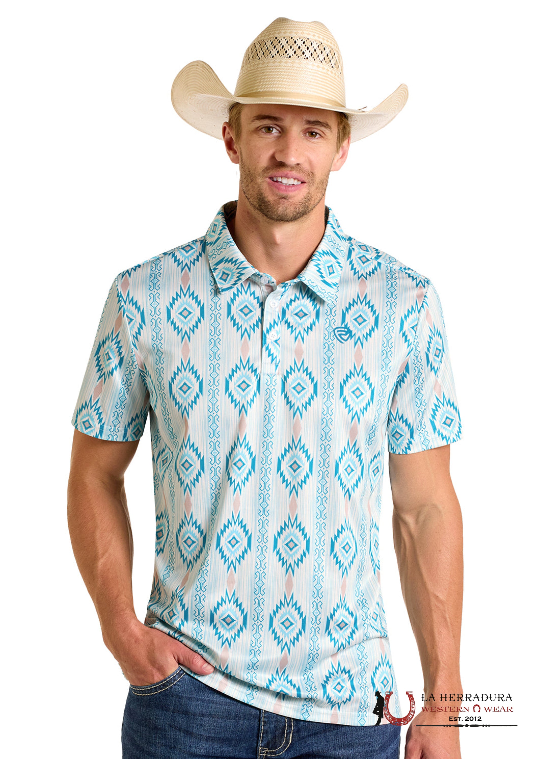 ROCK&ROLL Caribbean With Blue Aztec Print Short Sleeve Shirt - 6622 ROPA HOMBRES