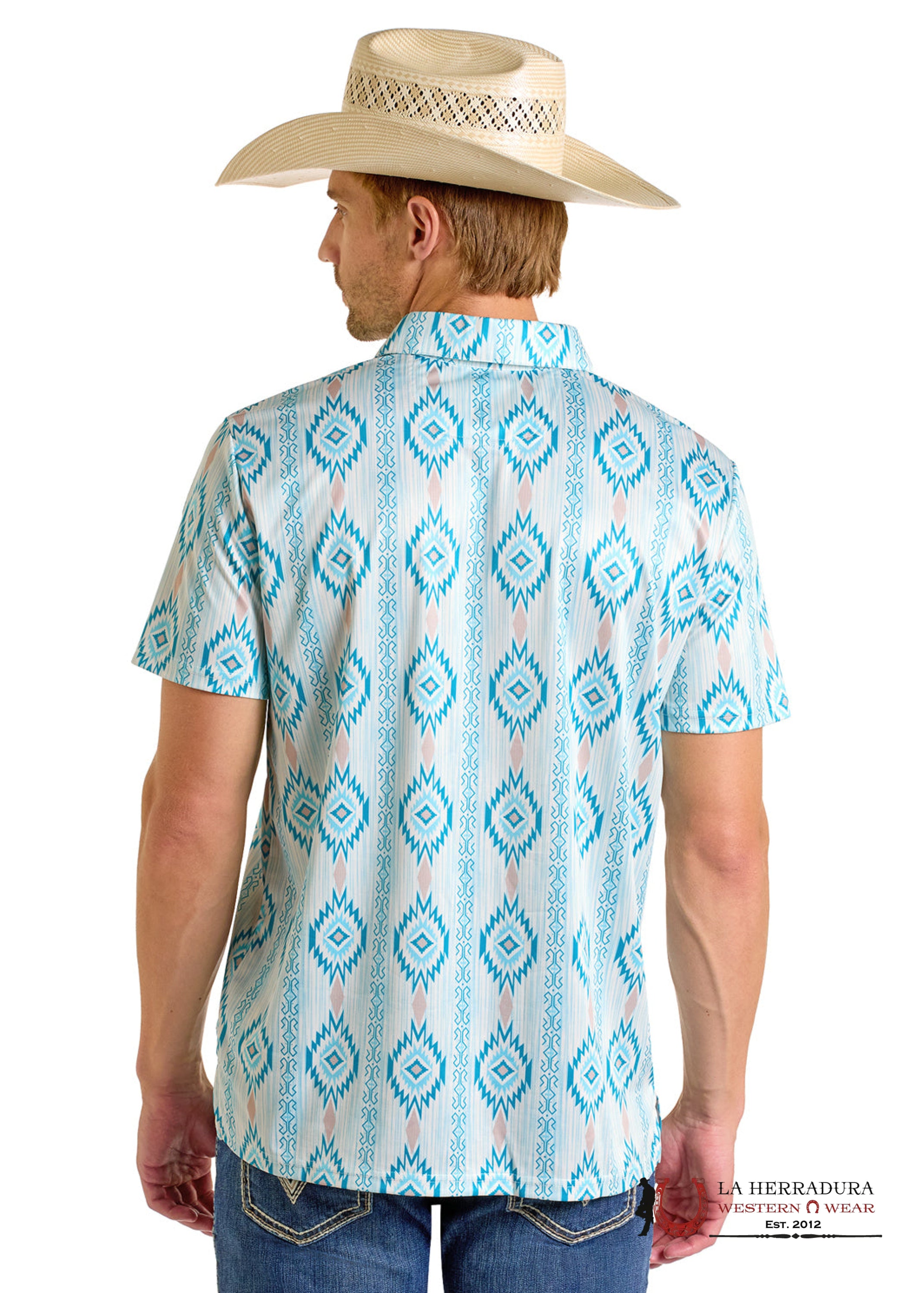 ROCK&ROLL Caribbean With Blue Aztec Print Short Sleeve Shirt - 6622 ROPA HOMBRES