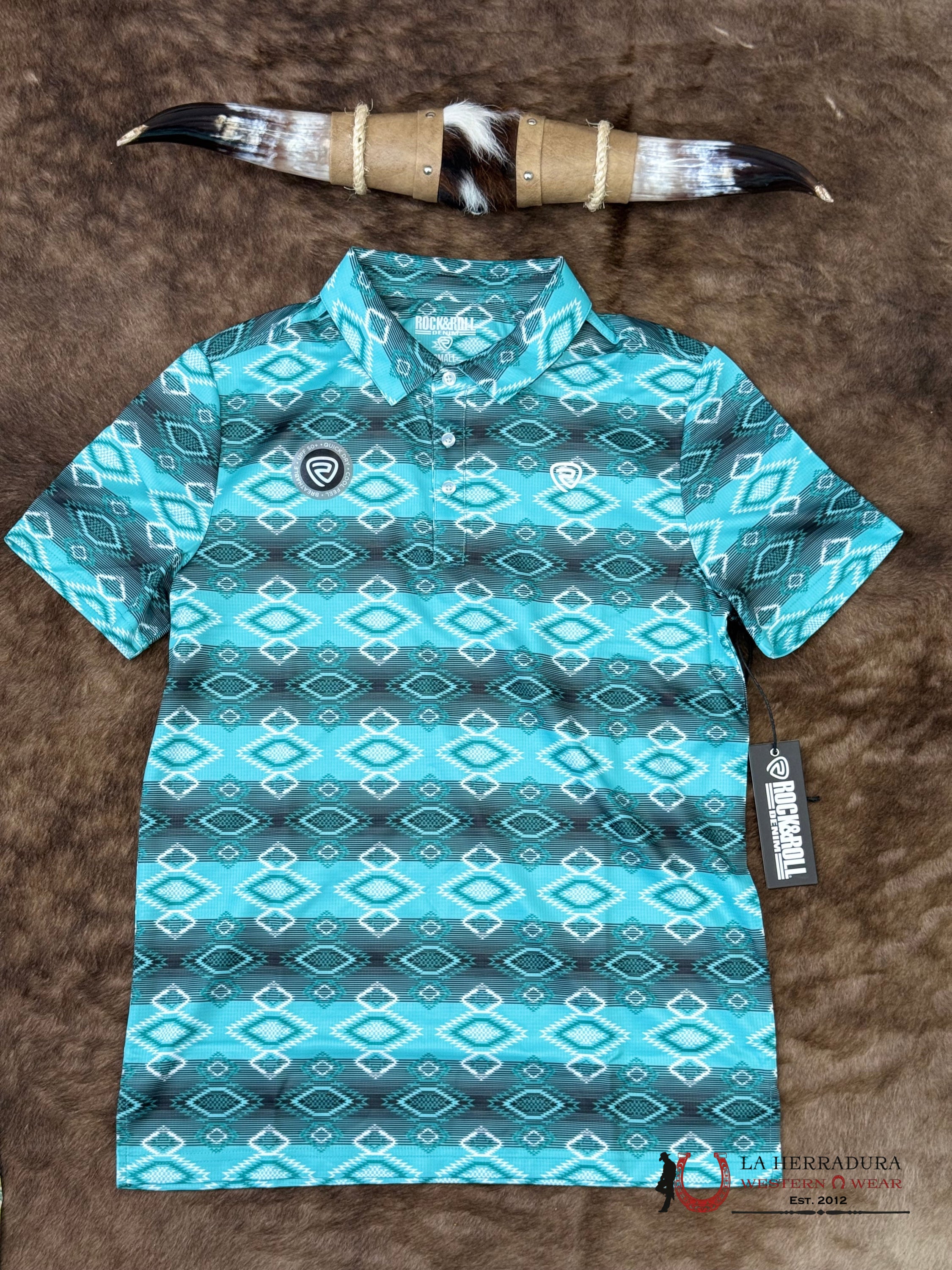 Rock&Roll Turquoise Polo Short Sleeve With Aztec Print - 6624 ROPA HOMBRES