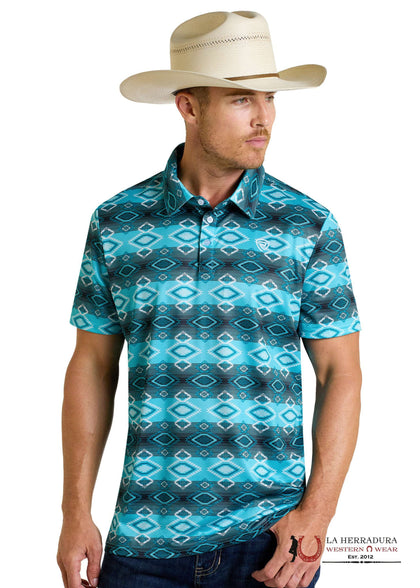 ROCK&ROLL MEN TURQUOISE POLO SHORT SLEEVE WITH AZTEC PRINT- 6624
