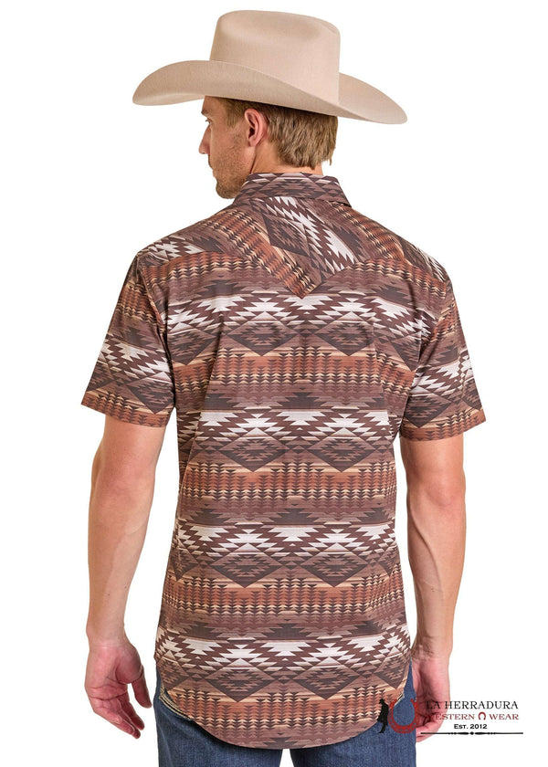 CAMISA DE MANGA CORTA ROCK&ROLL PARA HOMBRE ESTAMPADO AZTECA MARRÓN CON BOTONES A PRESIÓN - BMN3S07139