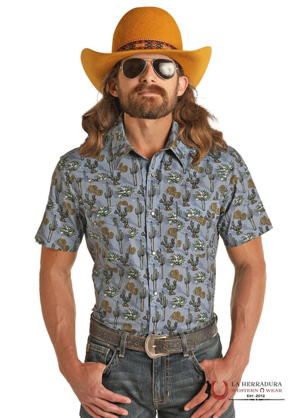 ROCK&ROLL MENS BLUE CACTUS SHORT SLEEVE SHIRT- RRMS1SR0PR