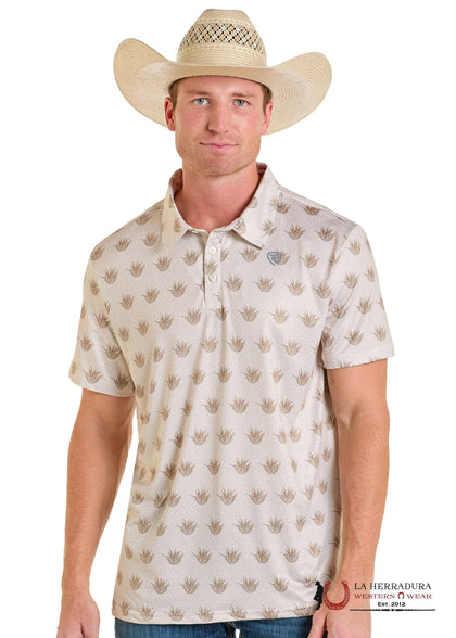 ROCK&ROLL MENS NATURAL CACTUS AZTEC SHORT SLEEVE POLO- BM51T06634