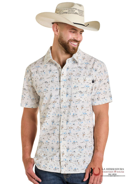 ROCK&ROLL MENS NATURAL WESTERN SHORT SLEEVE POCKET TEK SHIRT- BMB3S06435