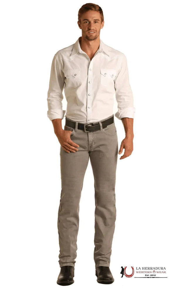 PANTALONES VAQUEROS ROCK&ROLL DE HOMBRE REVOLVER RECTOS, ENTALLADOS, GRISES REGLEX, CON CORTE DE BOTA M1R3590