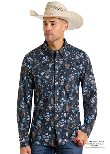 ROCK&ROLL MENS SHIRT CHARCOAL SKULL PRINT TEK WESTERN SNAP BMN2S06431