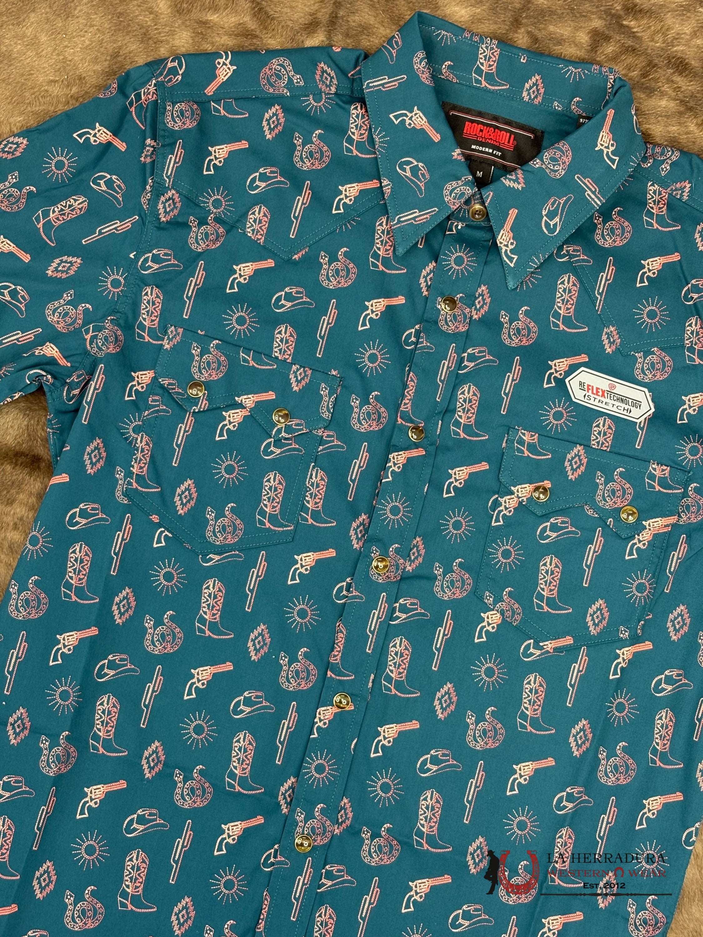 ROCK&ROLL Short Sleeve Teal With Western Print - 5853 ROPA HOMBRES