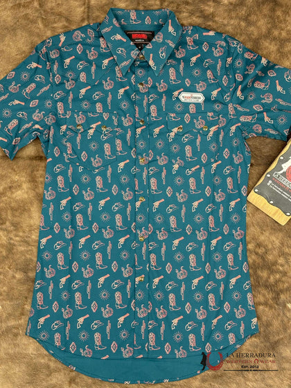 CAMISA MANGA CORTA ROCK&ROLL PARA HOMBRE, COLOR VERDE AZULADO CON ESTAMPADO OCCIDENTAL - BMN3S05853