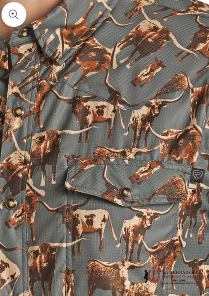 CAMISA VAQUERA DE HOMBRE DE MANGA CORTA ROCK&ROLL CON ESTAMPADO LONGHORN Y CIERRE A PRESIÓN - RRMS1SR0QP