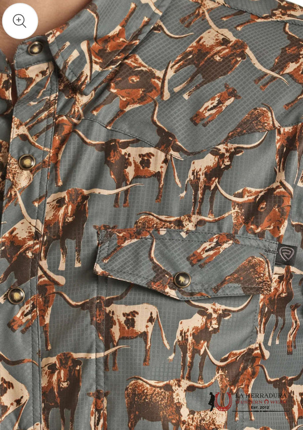 CAMISA VAQUERA DE HOMBRE DE MANGA CORTA ROCK&ROLL CON ESTAMPADO LONGHORN Y CIERRE A PRESIÓN - RRMS1SR0QP