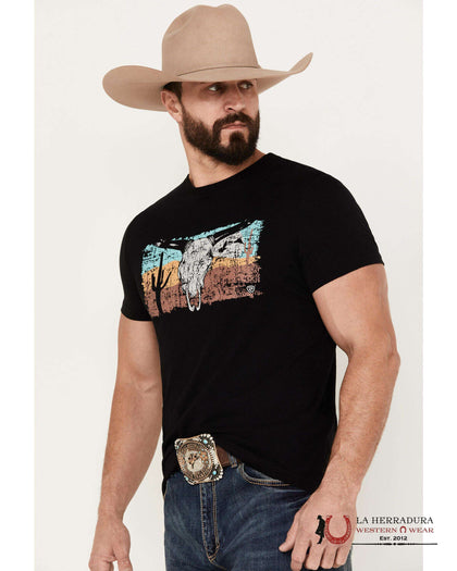 ROCK&ROLL MENS T-SHIRT BLACK LONG HORN SKULL GRAPHIC RRUT21R12H
